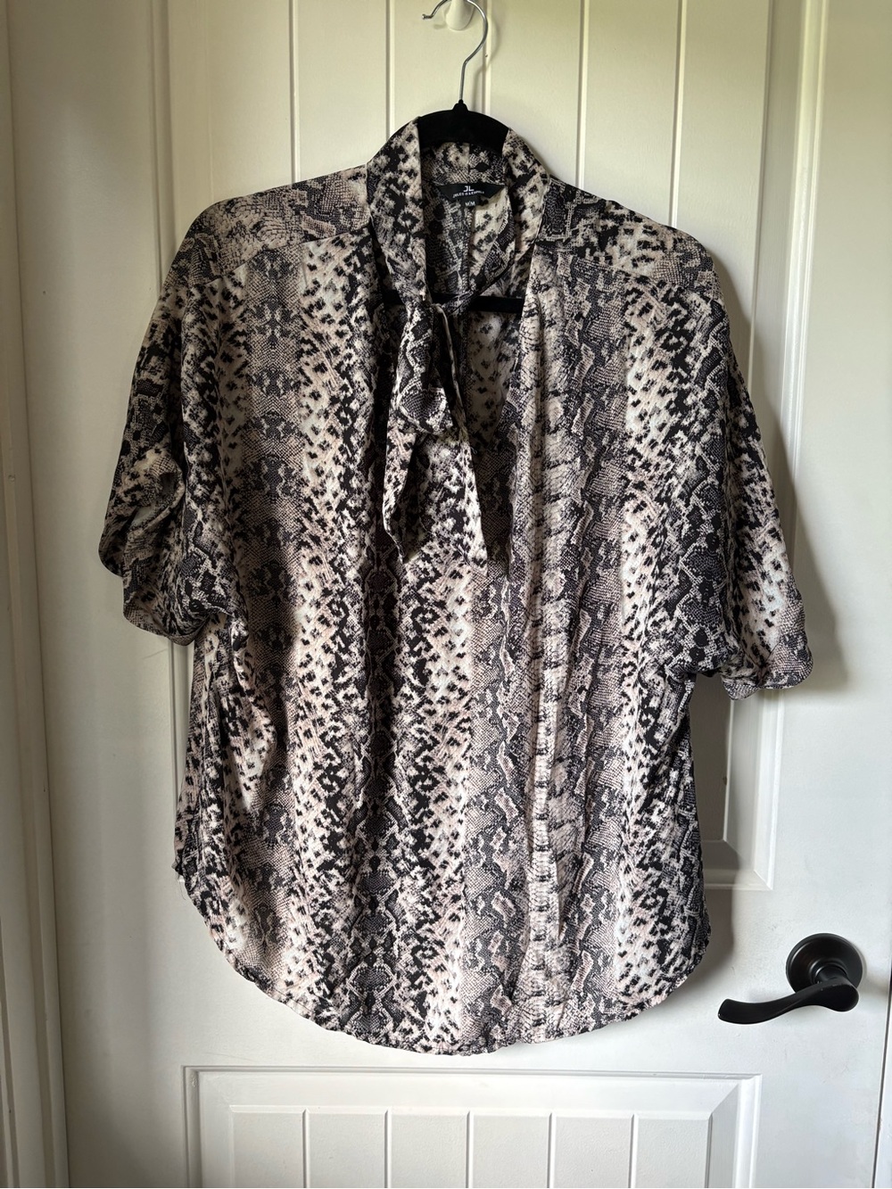 Blush Snake-Print Tie-Neck Short Sleeve Blouse